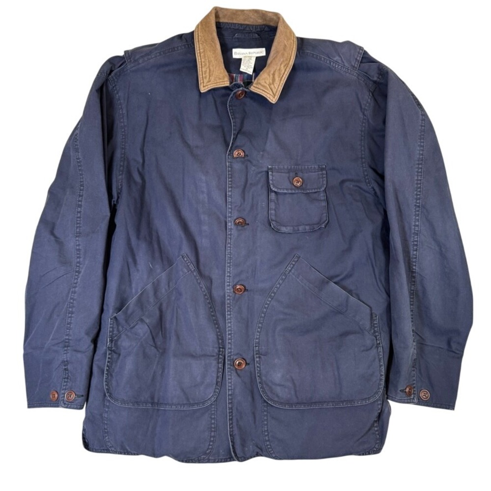 Banana Republic Vintage Navy Blue Cotton Canvas Barn Jacket Leather Collar Med